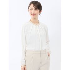 【前開き シフォン】バンドカラー配色 比翼 長袖ブラウス