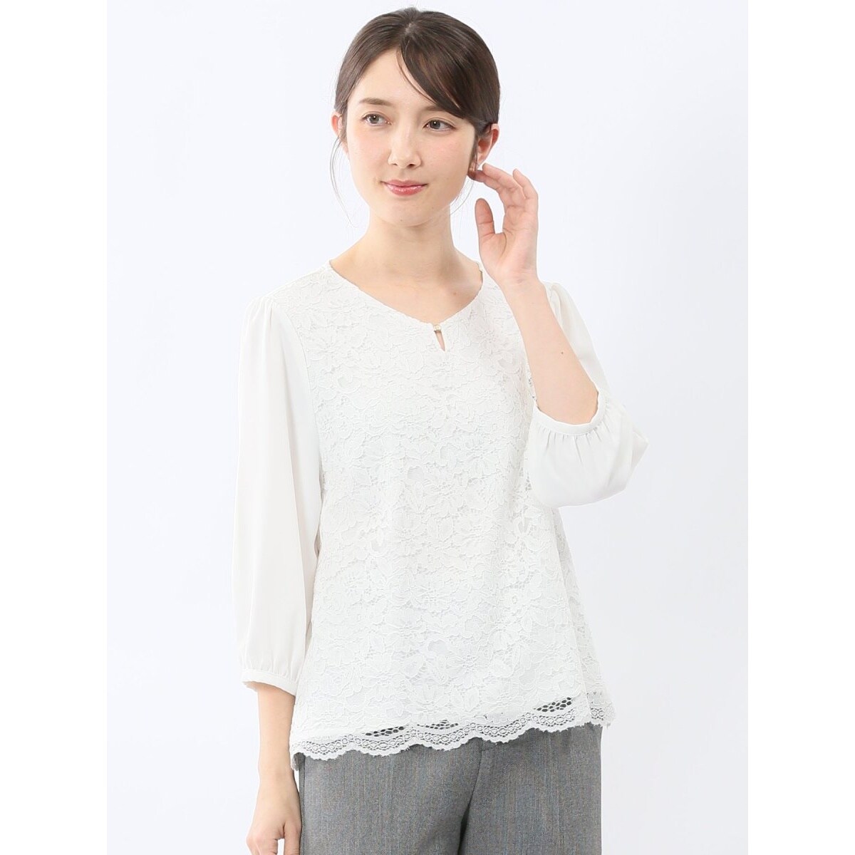 前身レース 7分袖プルオーバーブラウス