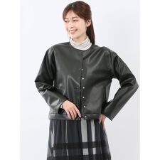 【ハンドウォッシャブル 合成皮革】タカキュー ノーカラーブルゾン