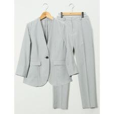 ストレッチ ウォッシャブル カラーレス 7分袖 ジャケット＋テーパードパンツ ピンヘッドライトグレー