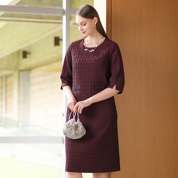 米沢織千鳥ふくれジャカード 七分袖ワンピース［セットアップ可