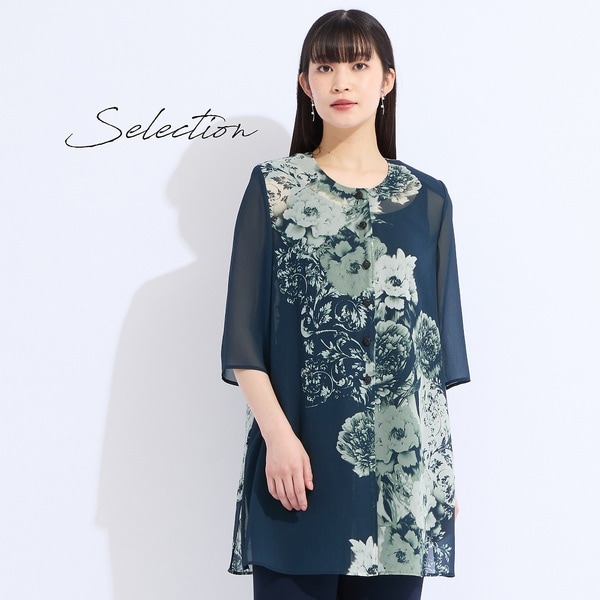 Selection】海島綿カットジャカード スクエアプリントブラウス