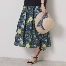 【清涼感／ウエストゴム／手洗い可】花柄麻調スカート
