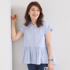 【接触冷感／手洗い可】ストライプペプラムブラウス