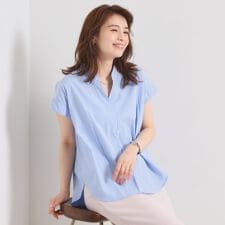 【接触冷感／手洗い可】ストライプバックギャザーブラウス