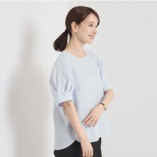 【手洗い可】袖ツイストストライプブラウス