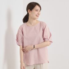 【手洗い可】袖ツイストストライプブラウス