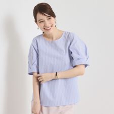 【手洗い可】袖ツイストストライプブラウス