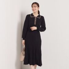 【手洗い可】ポロ襟ニットフレアワンピース