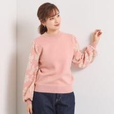 【手洗い可】花柄ジャカード袖ニット