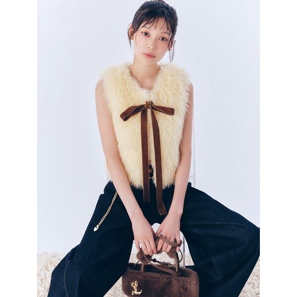 カシミヤジレ　石井毛皮 u-big サイドリボンファーベスト　ホワイト サイドリボンファーベスト カシミヤジレ 石井毛皮 u-big サイドリボン