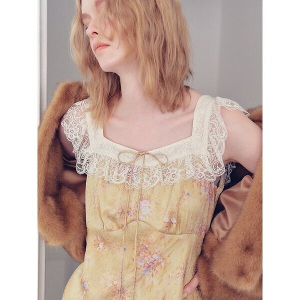 ヴィンテージレーストリムサテンロングドレス | リリーブラウン(LILY