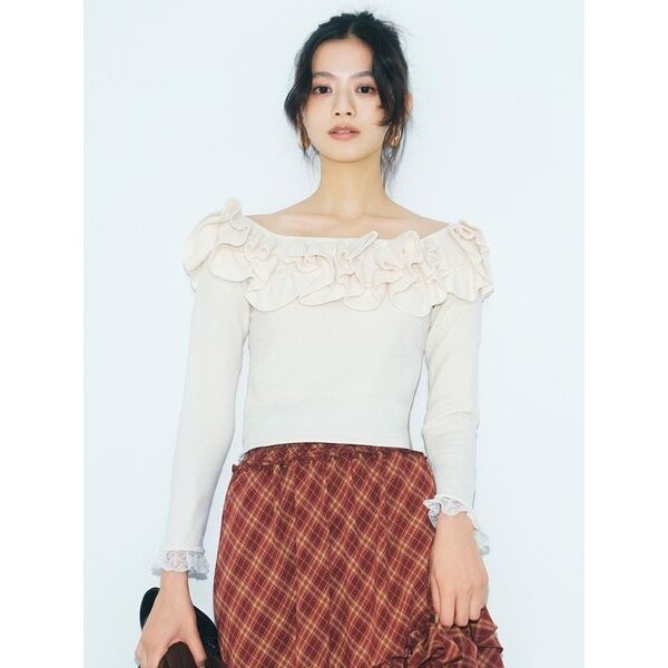 2wayレースフリルニットトップス LILY BROWN ニット セーター 2wayレースフリルニットトップス