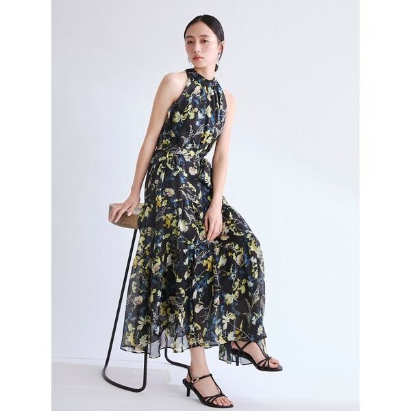 DVF シルク100% ホルターネック プリーツワンピース 総柄 6 (M〜L) ホルターネックシアープリントワンピース | フレイ アイディー(FRAY