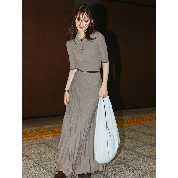 ミラオーウェン ポロ衿リブニットプルオーバー ニットプリーツスカート セット WEB限定カラー】【セットアップ対応】ポロ衿リブニットプルオーバー