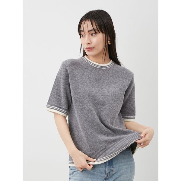 ミラオーウェン　フォルムスリーブポロニット広島ミナモア限定カラー 配色ラインミドルゲージハーフスリーブニット | ミラ オーウェン(Mila