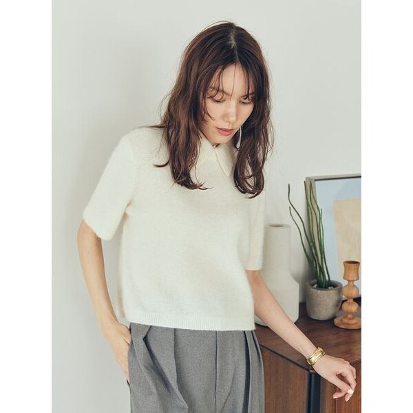 新品タグ付　クロップド丈モヘアニットトップス　茶色　Mila Owen ポロ衿クロップド丈モヘアニットトップス | ミラ オーウェン