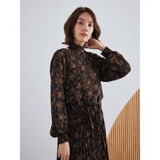 リボン付きフラワープリントブラウス