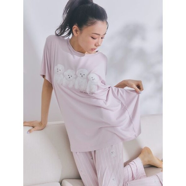 【接触冷感】【ONLINE限定】ビションフリーゼ柄Tシャツ&ロングパンツセット 接触冷感】【ONLINE限定】ビションフリーゼ柄Tシャツ&ロング