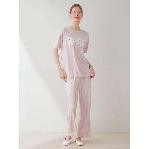 【接触冷感】【ONLINE限定】ビションフリーゼ柄Tシャツ&ロングパンツセット 接触冷感】【ONLINE限定】ビションフリーゼ柄Tシャツ&ロング