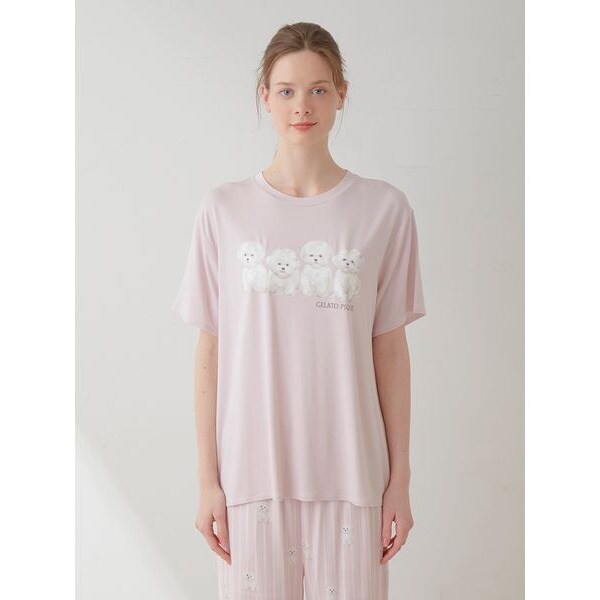 【接触冷感】【ONLINE限定】ビションフリーゼ柄Tシャツ&ロングパンツセット 接触冷感】【ONLINE限定】ビションフリーゼ柄Tシャツ&ロング