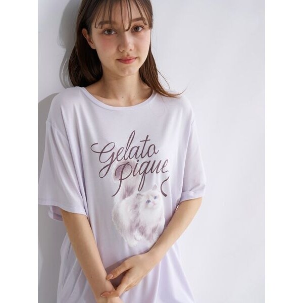 新品 ジェラートピケ Cat柄ワンポイントTシャツ＆ロングパンツ アイボリー ONLINE限定】CAT柄ワンポイントTシャツ&ロングパンツセット