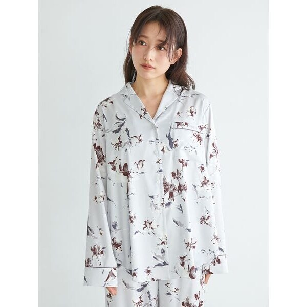 サテンシャツ ドレスシャツ ドゥエボットーニ ボタニカル柄 花柄 桜