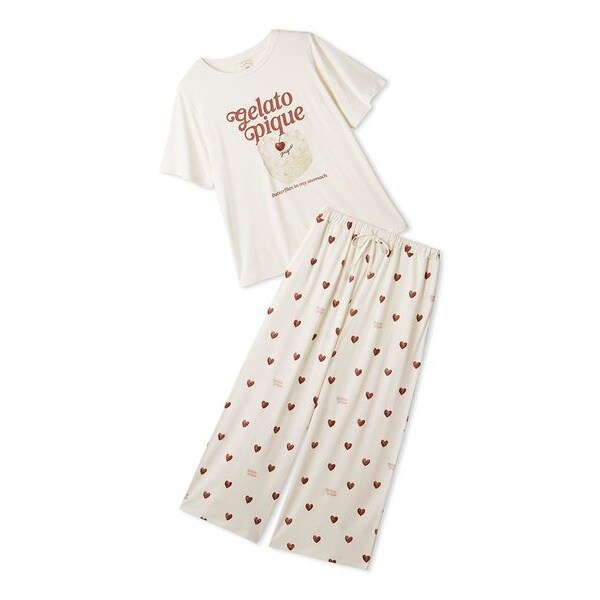 ジェラートピケ　ケーキワンポイントTシャツ＆ハート柄ロングパンツ　ブルー ONLINE限定】【接触冷感】ケーキワンポイントTシャツ&ハート柄ロング