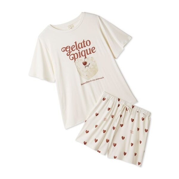 今期！ ジェラートピケ ホワイトデー ドットシャツ ショートパンツ ONLINE限定】【接触冷感】ケーキワンポイントTシャツ&ハート柄ショート