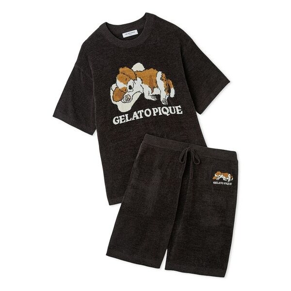 GELATO PIQUE HOMME 犬刺繍 フリースパジャマセット ONLINE限定】【HOMME】パイルロゴ刺繍Tシャツ&ハーフパンツ