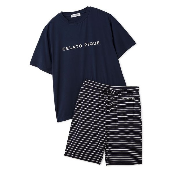 【HOMME】レーヨンロゴTシャツ&ボーダーハーフパンツセット