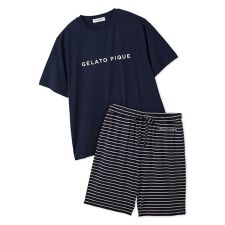 【HOMME】レーヨンロゴTシャツ&ボーダーハーフパンツセット