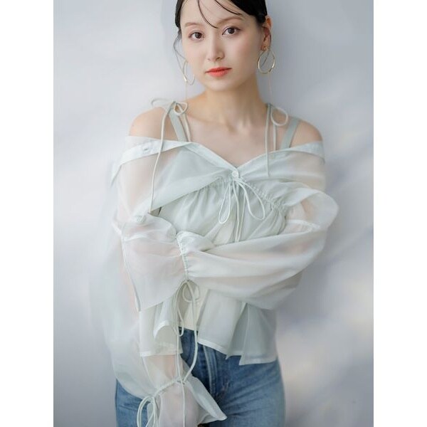 JUSGLITTY☆5分袖シアーブラウスレイヤードニット☆新品同様 ジャスグリッティー 5分袖シアーブラウスレイヤードニット ドット