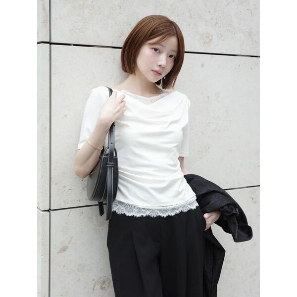 SNIDEL レーストリムワンショルカットソー 黒 USAGI ONLINE限定／ZOZOTOWN限定】レーストリムワンショルカットソー