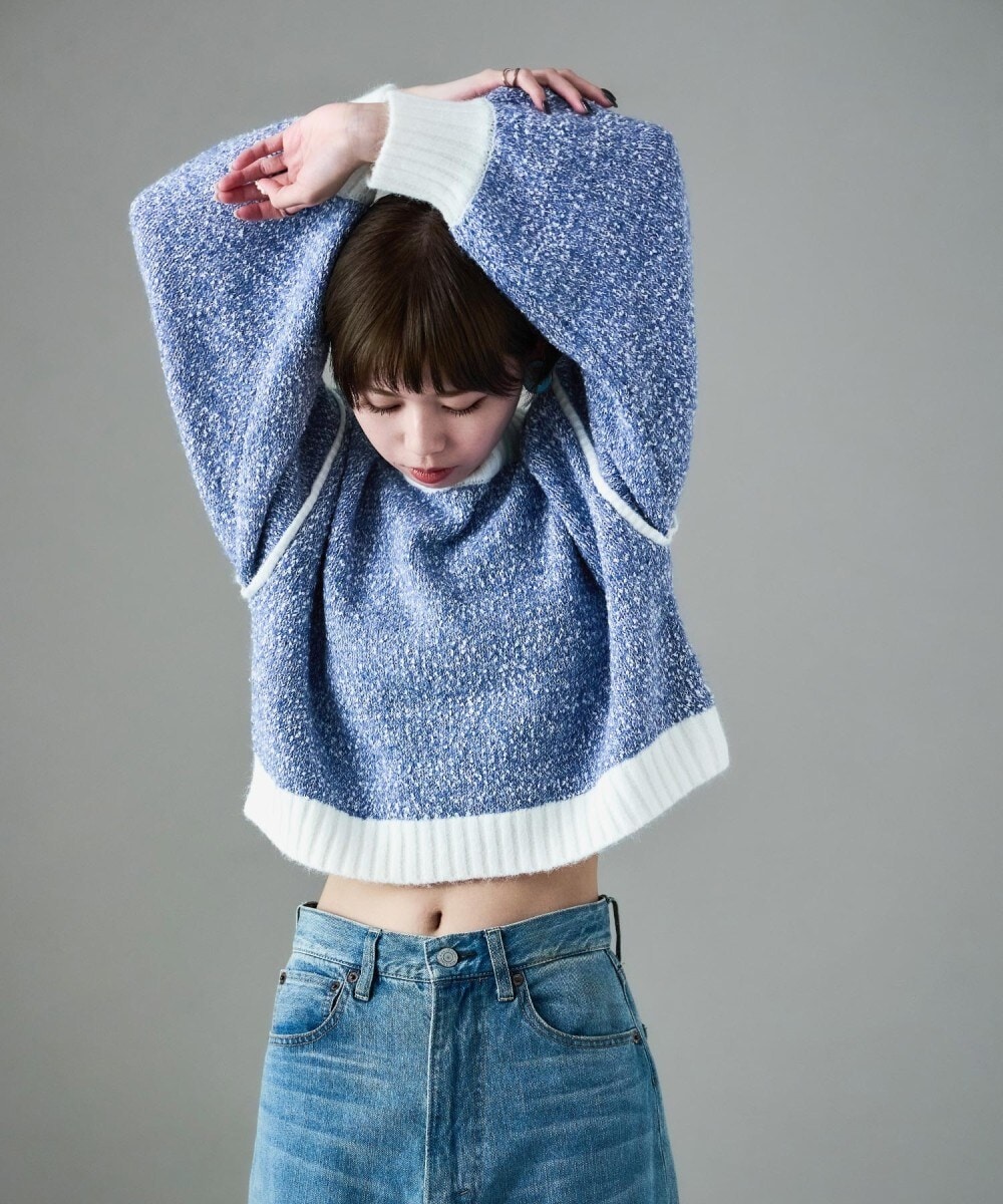 配色クロップド丈ニットプルオーバー