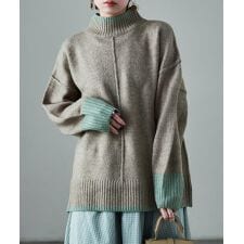 ボリューム袖ハイネック配色ニット