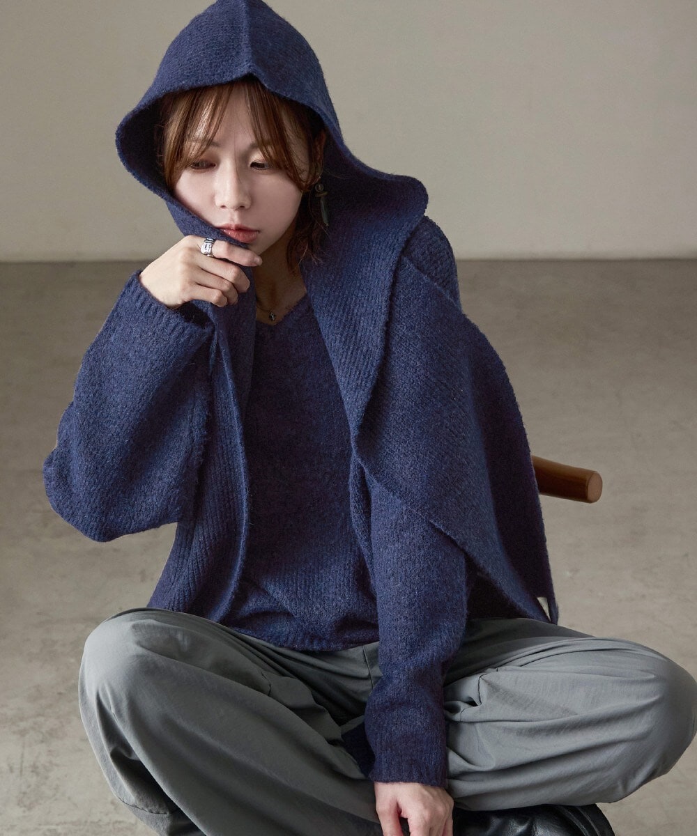 フードマフラー付きVネックニット | ファッションレター(Fashion