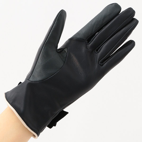 レディース手袋（革手袋）スマホ対応、大きい革リボン付き手袋