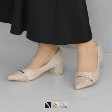 グリッタートゥ切り替えデザインサテンレースパンプス