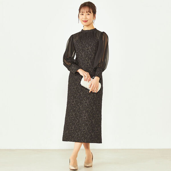 シアーパフスリーブジャガードドレス