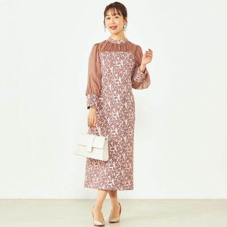 シアーパフスリーブジャガードドレス