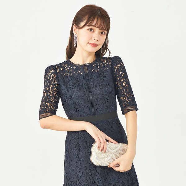 CELFORDレース袖のネイビードレス CELFORD ネイビーレース(長袖）リボンタイ付き | 結婚式