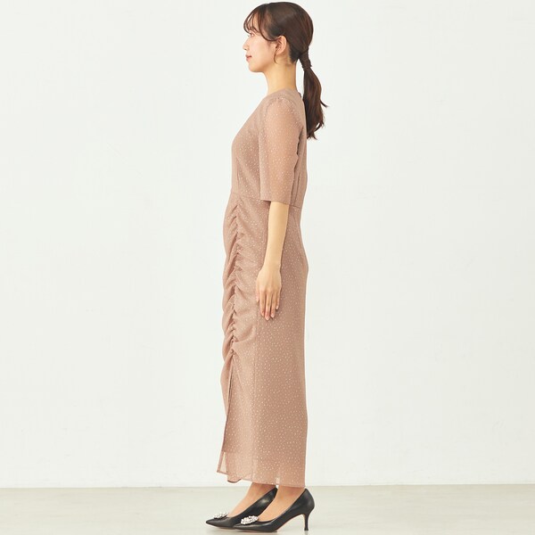 SALE♡︎美品　Kaene ドレス ブラウン ラメドビーギャザースリットワンピ kaene｜ラメドビーギャザースリットワンピース