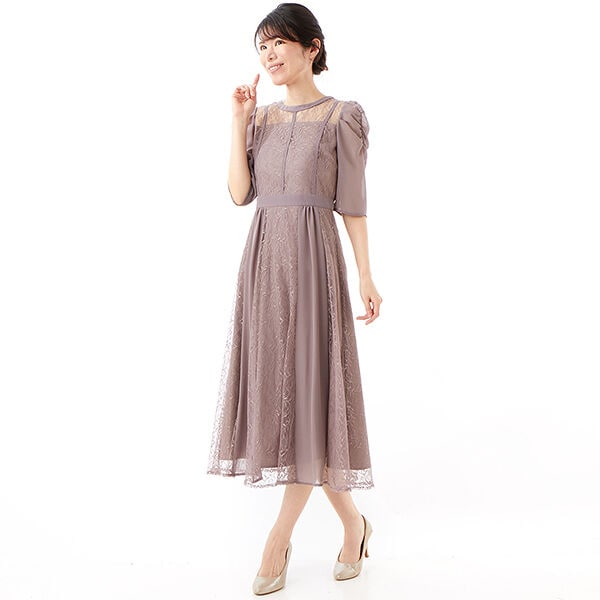シフォン切り替えレースドレス