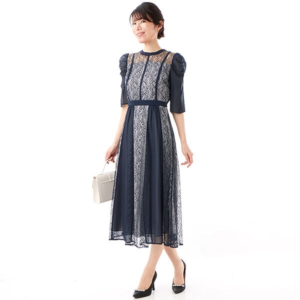シフォン切り替えレースドレス