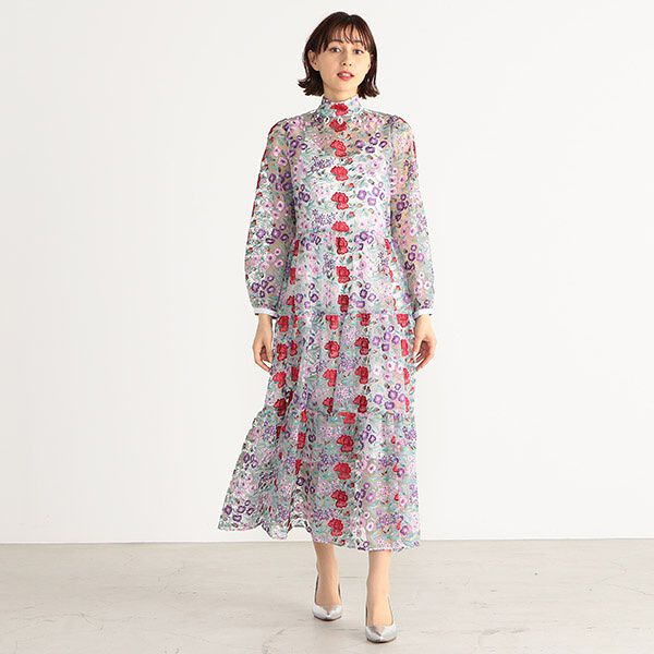 【ADELLY】フラワー刺繍スタンドカラードレス
