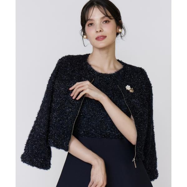 美品 Noble ノーブル 配色トリミングミラノリブショートジャケット ネイビー 美品 Noble ノーブル 配色トリミングミラノリブショート