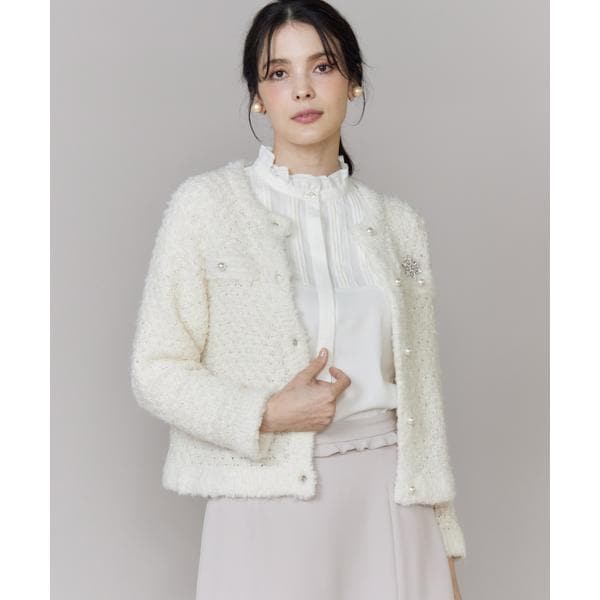 極美品☆マーリエルカセット　大きいサイズ　ツイード風ニットジャケット　白　17 マーリエ ル カセット Maglie le cassetto 《M Maglie le cassetto