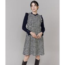 Vネック千鳥柄ワンピース