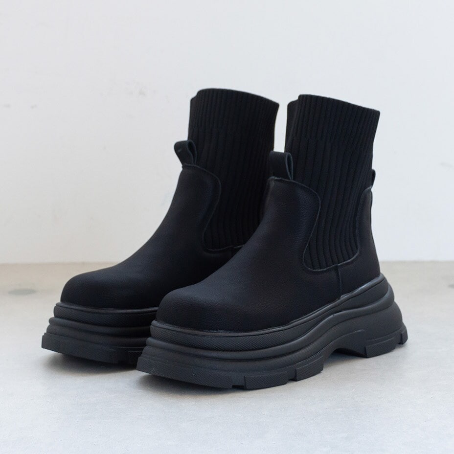 ニットドッキング 厚底 ショートブーツ / ソックスブーツ